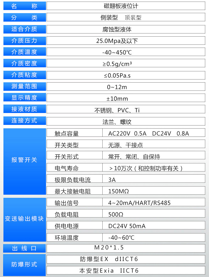 汽油液位計技術(shù)參數(shù)表