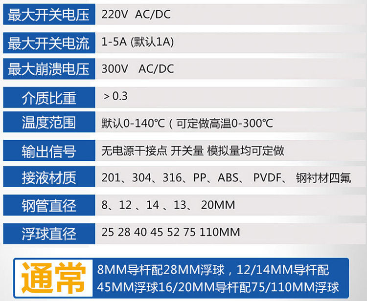 防爆浮球液位計技術參數(shù)對照表