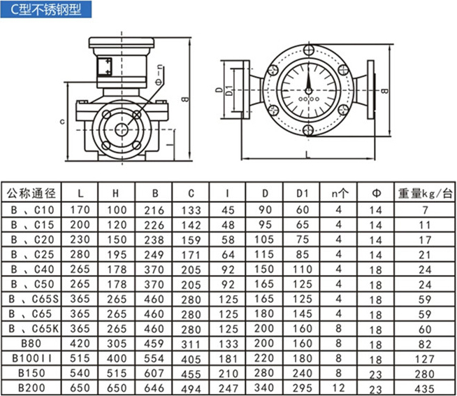 不銹鋼型柴油流量計(jì)結(jié)構(gòu)尺寸對(duì)照表